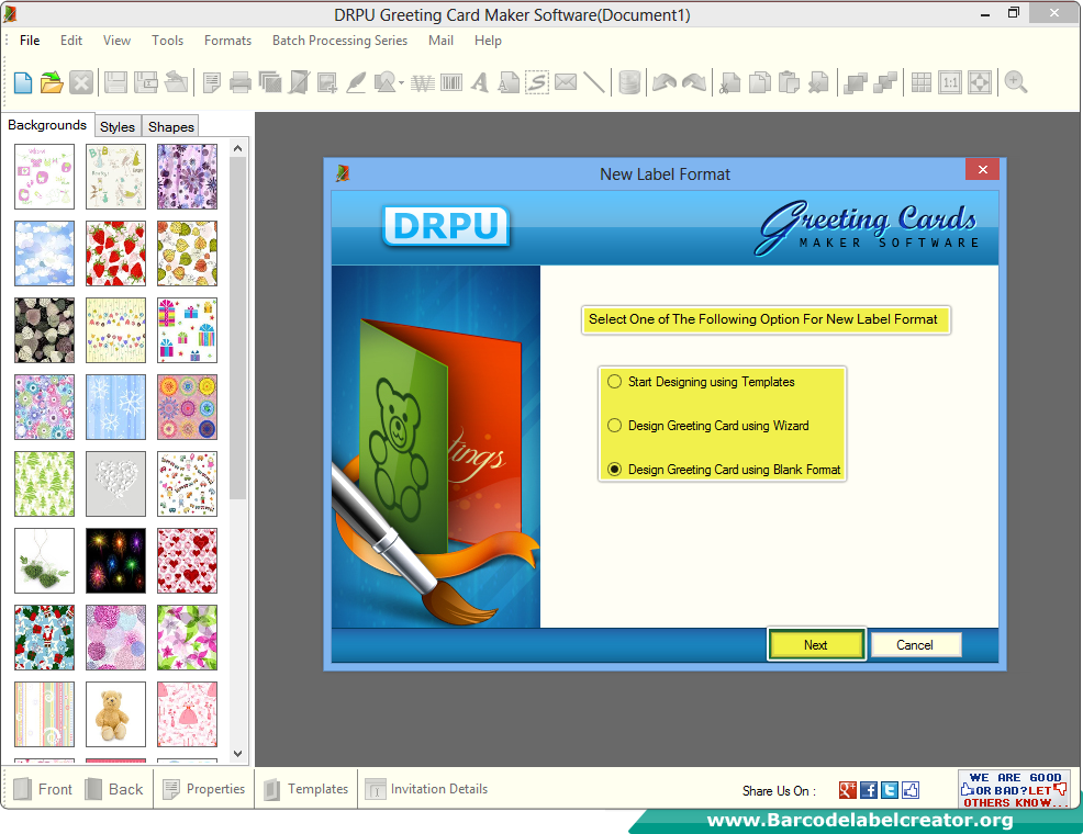 Select Designing Option greeting card screenshot