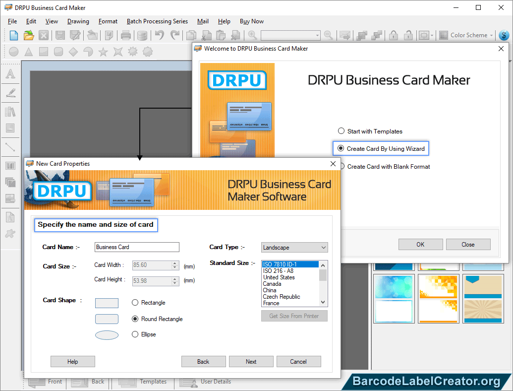Set Card Properties business card screen