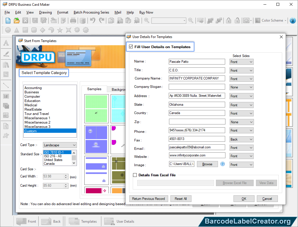 Fill user details design business card