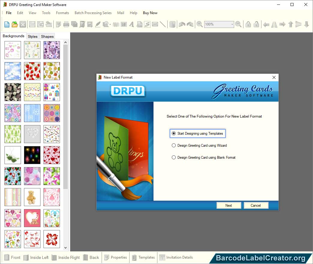 Select Designing Option greeting card screenshot