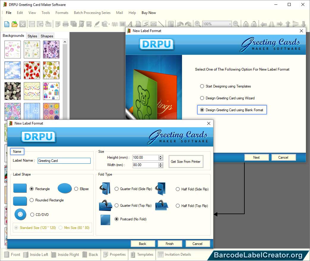 Set Card Properties greeting card screen
