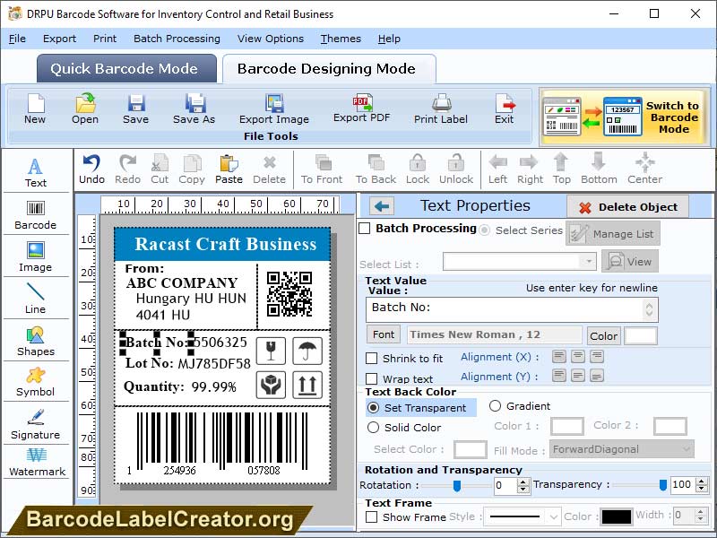 Screenshot of Barcode label Creators
