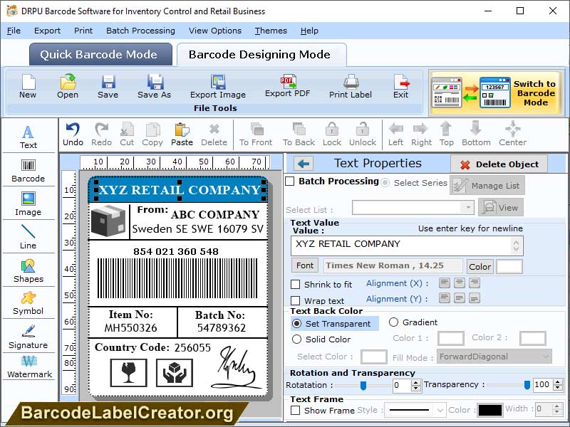 Screenshot of Retail Inventory Barcode Creator