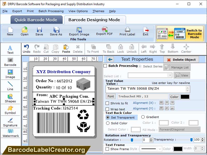 Packaging Barcode Label Tool screenshot