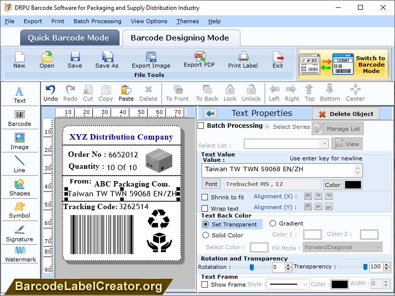 Screenshot of Packaging Barcode Label Tool 7.3.1.2