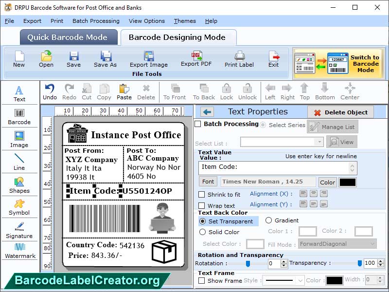 Screenshot of Post Office Barcode Label Creator